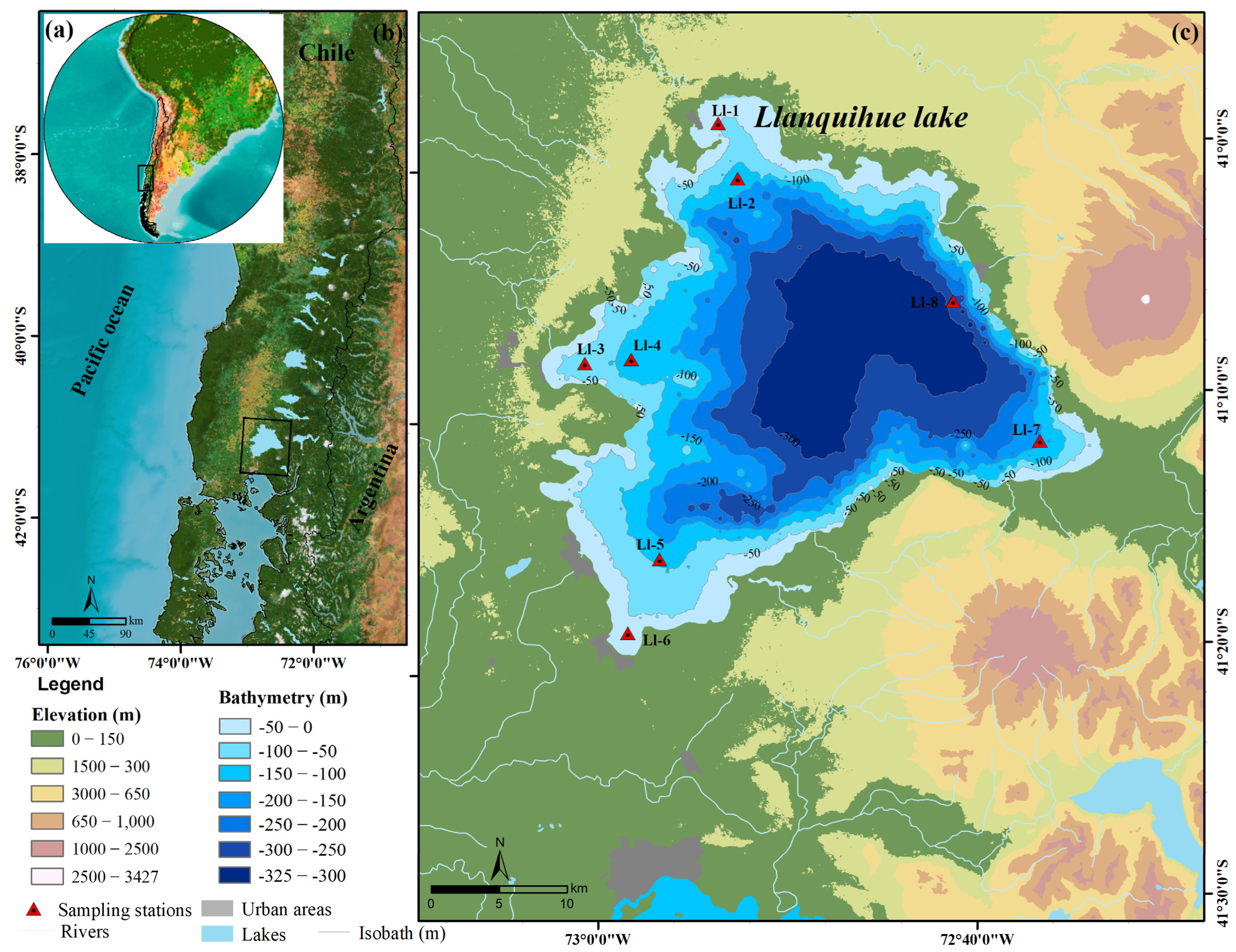 Mapa de profundidades y relieve del lago Llanquihue, sur de Chile