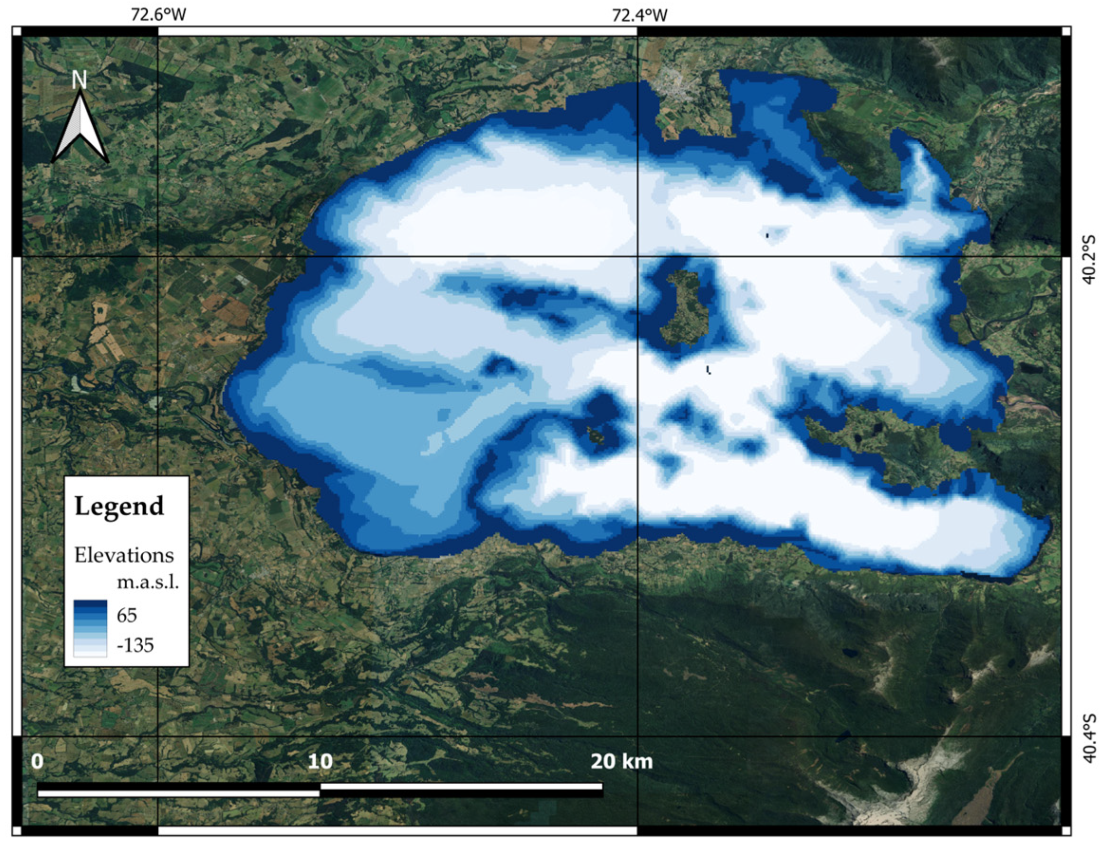 Representación batimétrica del lago Ranco sobre imagen del territorio, sur de Chile